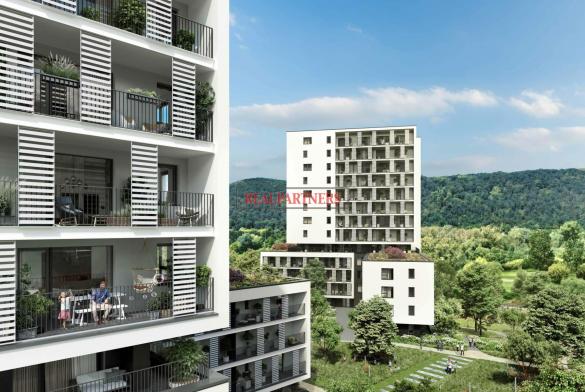Nový byt 1+kk o ploše 32,2 m² + 7,6 m² balkon  v nadčasové novostavbě u Vltavy.